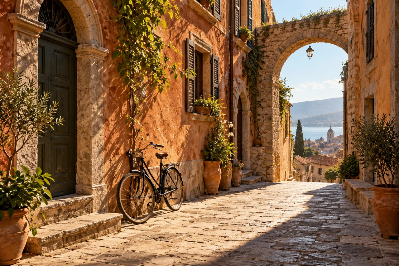 Fictional historic street with terracotta walls, a bicycle, and stone arches — AI-generated illustration