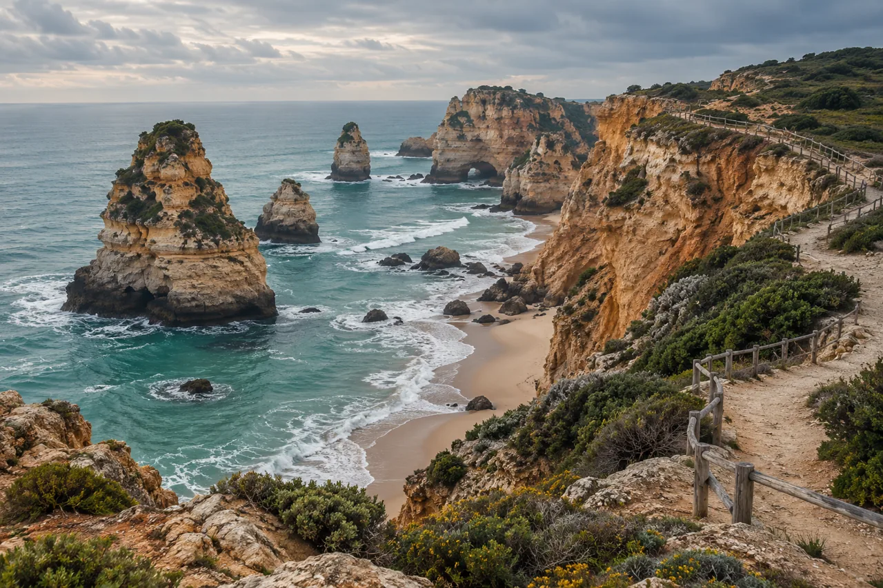 Sea stacks and a cliff path above muted turquoise water — AI-generated illustration