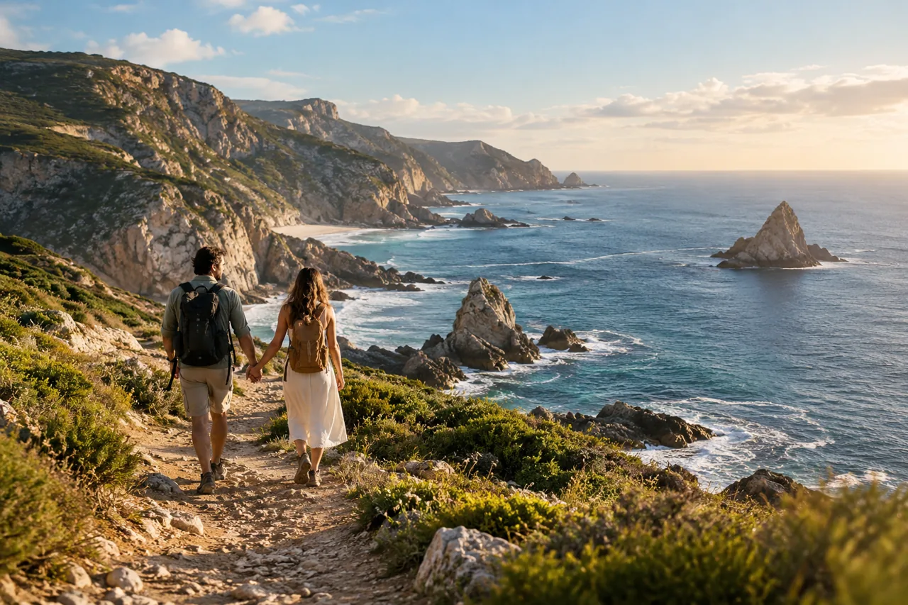 Two adult travelers walking together along a coastal path — AI-generated illustration