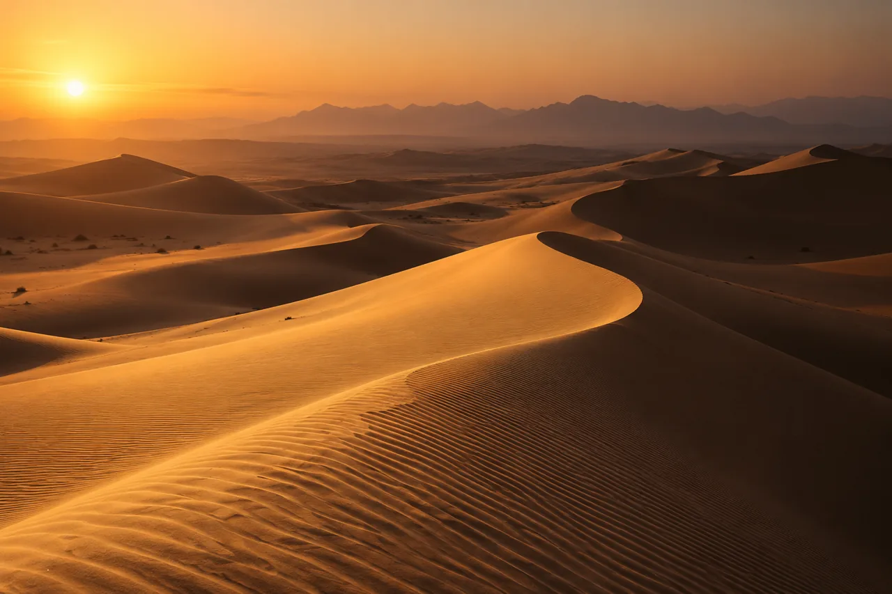 Low sunlight revealing shadows and wind ripples on desert dunes — AI-generated illustration