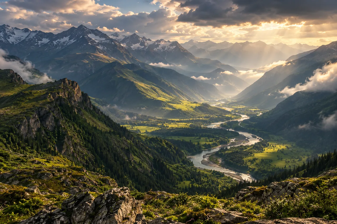 Layered mountain valleys and a winding river after rain — AI-generated illustration