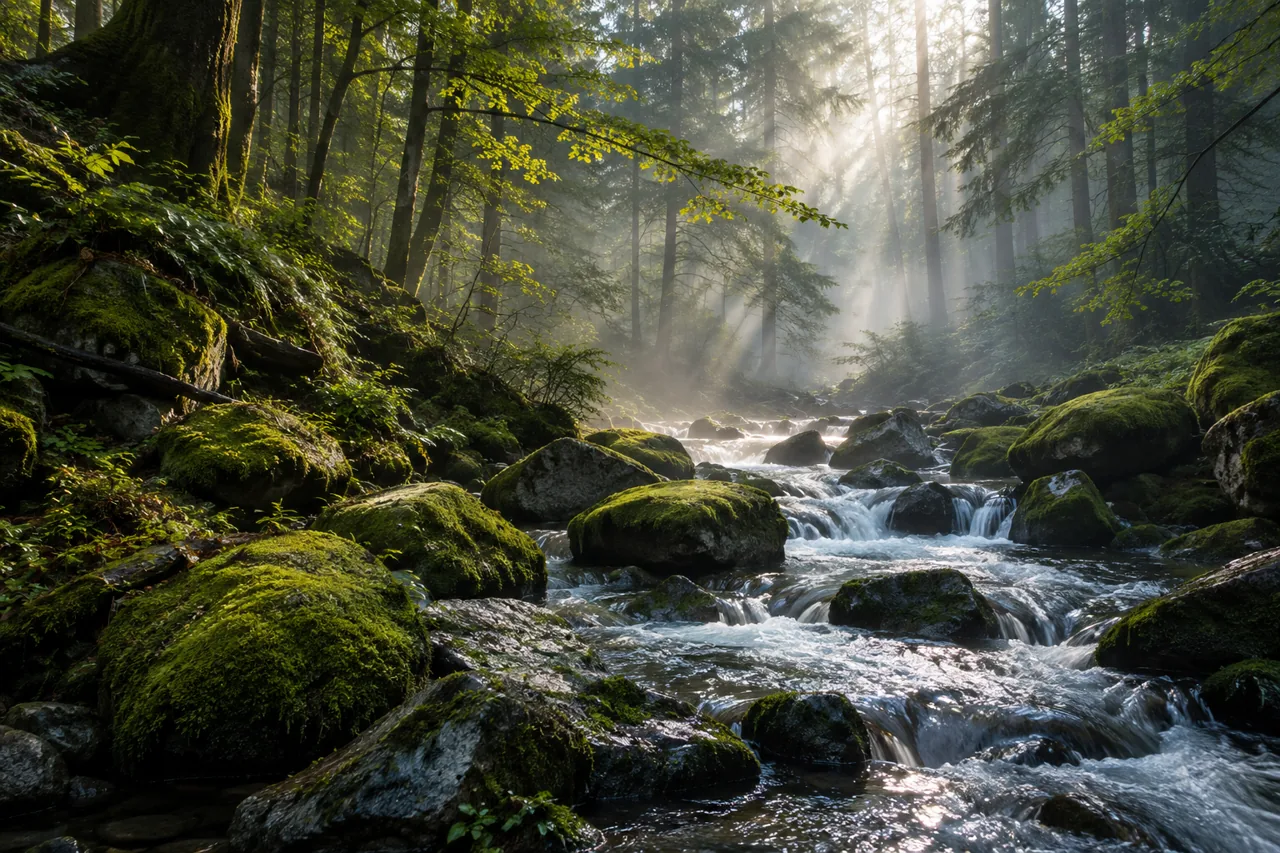 Soft light crossing a mossy forest stream — AI-generated illustration