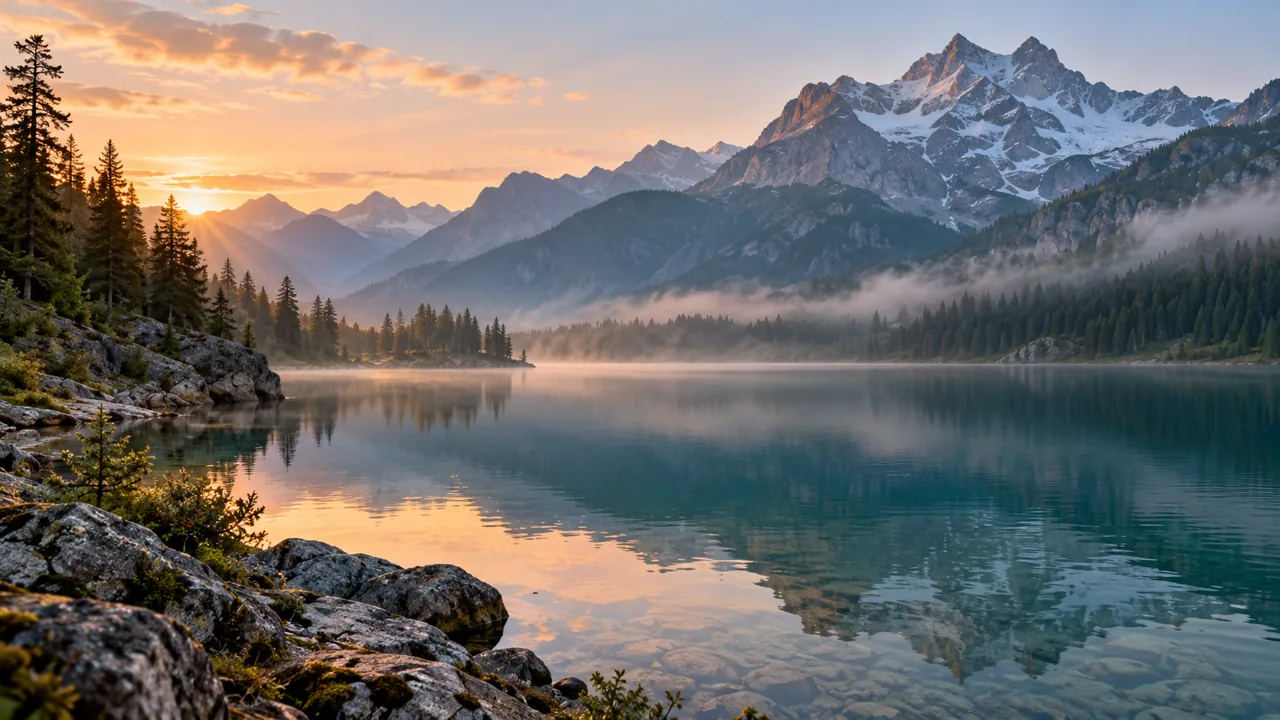 Mountain lake reflecting alpine ridges in soft dawn light — AI-generated illustration