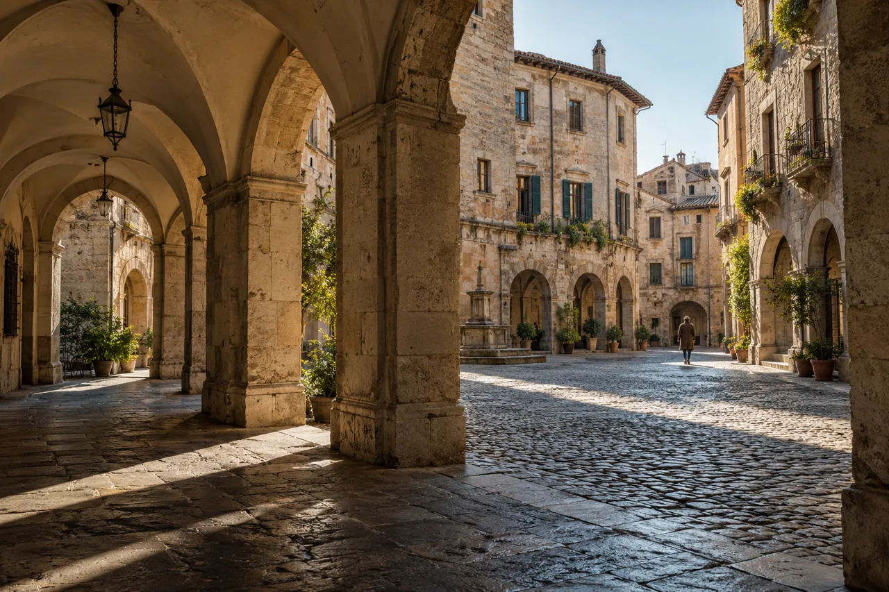 Fictional historic town square seen from a shaded stone arcade — AI-generated illustration