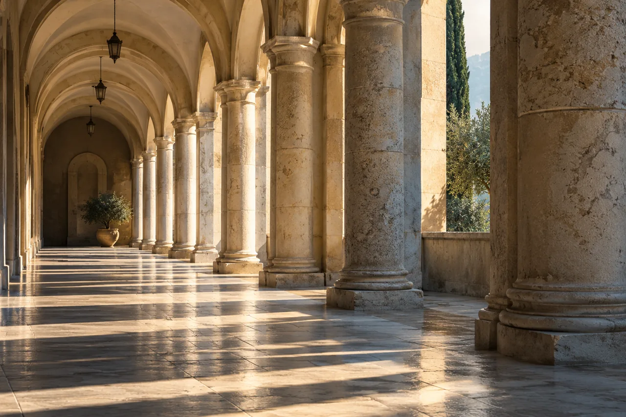 Stone arcade with repeated bands of sunlight and shadow — AI-generated illustration